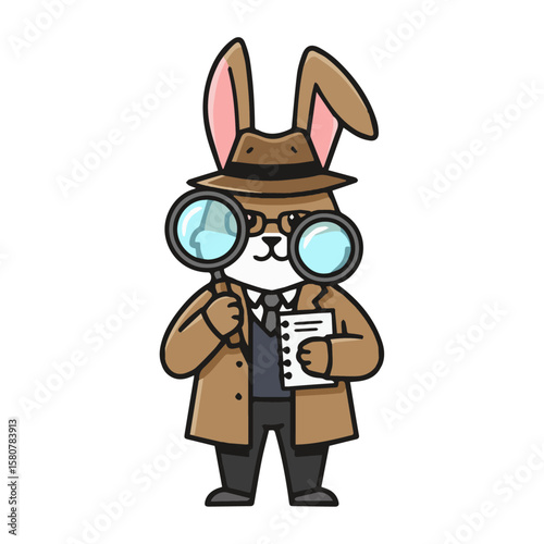 Clever cartoon rabbit detective in trench coat, hat, magnifying glass. Investigation, problem-solving, mystery. Intelligent inquiry, whimsical and engaging style.
