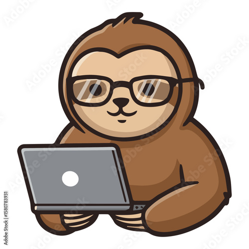 Relaxed cartoon sloth character diligently working on a laptop. Remote work, online learning, technology. Business productivity. Modern, approachable, calm.