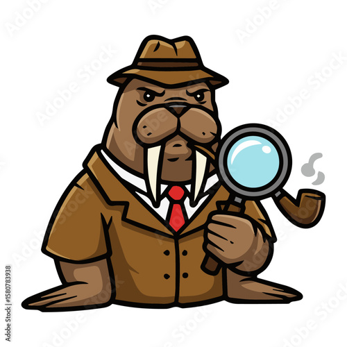 Observant cartoon walrus detective in trench coat, hat, magnifying glass. Investigation, problem-solving, mystery. Intelligent inquiry, whimsical, sharp.