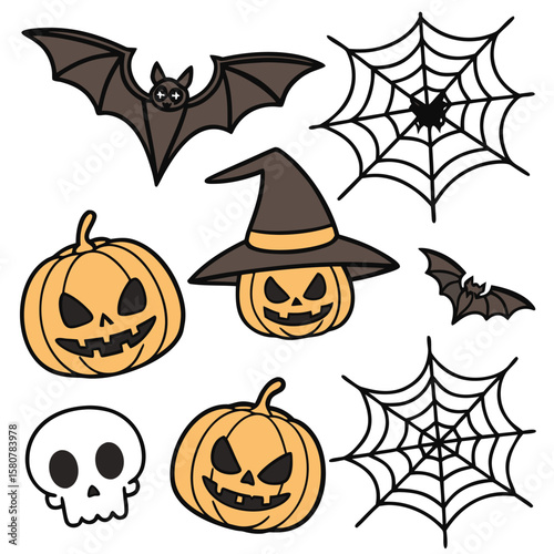 Halloween Vector Set Orange Pumpkins Bats Skull Spiderwebs Witch Hat