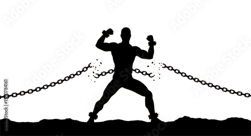 Silhouette of a man breaking free from chains symbolizing liberation and overcoming oppression shown