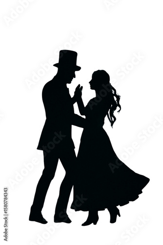 Silhouette of a couple dancing in formal attire with the man wearing a top hat and jacket together in love