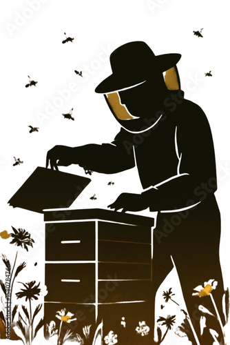 Silhouette of beekeeper in protective suit tending to a beehive surrounded by flying bees and flowers