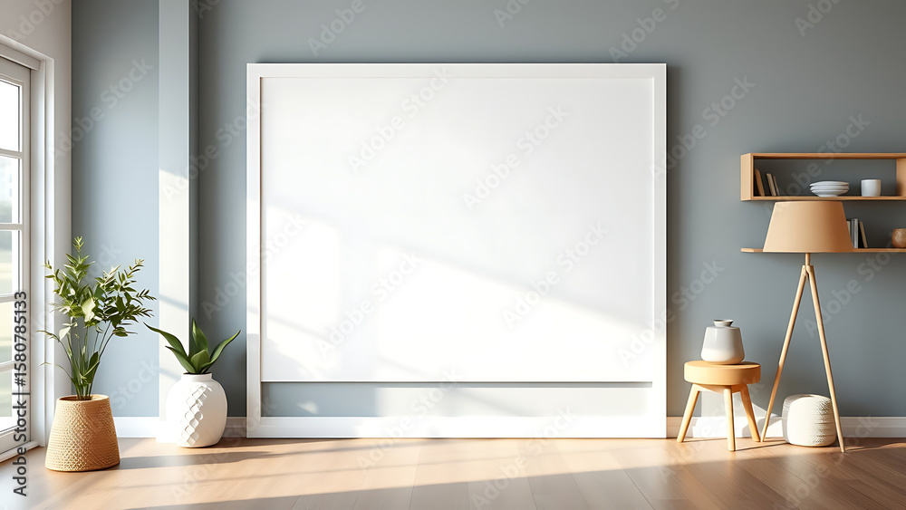 Blank mock up poster frame in hipster interior background Scandinavian style 3D render 3D illustrati Blank mock up poster frame in hipster interior background Scandinavian style 3D render 3D illustrati