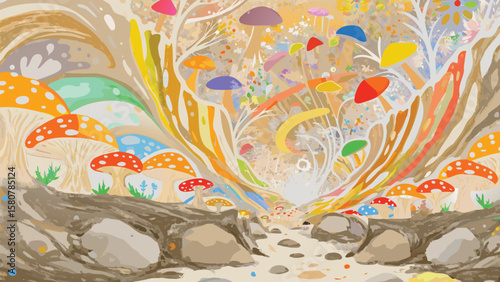 A whimsical landscape featuring colorful mushrooms and abstract trees with a path of stones ahead
