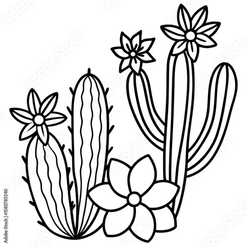 Clean contour illustration of desert cactus and vibrant flowers in bloom