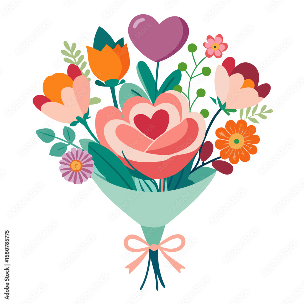 Obraz premium Beautiful romantic floral bouquet with a prominent heart shape on a clean white background