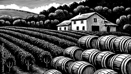 Vineyard farm in Napa Valley, California, with grapevines, wooden barrels, farmhouse, and sunset backdrop, drawn as black and white line art illustration for wine, travel, and agricultural branding