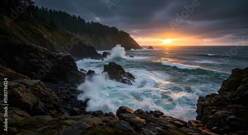 Rocks and cliffs along a rugged coastline with crashing waves and a dramatic sky in the background, concept of raw nature, scenic power, and coastal beauty.