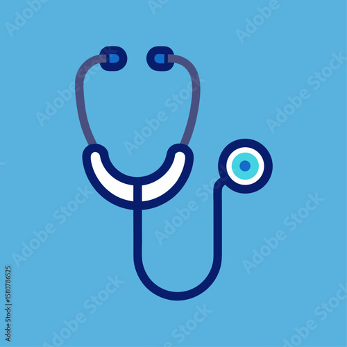 A blue and white medical instrument with a red handle. The instrument is a stethoscope. The stethoscope is a medical device used to listen to the sounds of the heart, lungs, and other internal organs