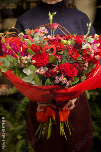 Bright Red Bouquet with Roses and Eucalyptus for Special Occasions