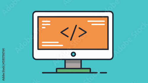 A computer monitor with the word "code" on it. The monitor is orange and white