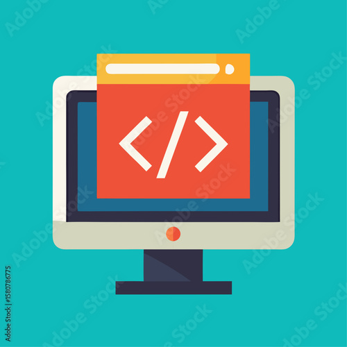 A computer monitor with the word "code" on it. The monitor is orange and white