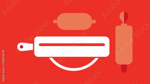 A red background with a white and black image of a rolling pin, a spatula, and a knife