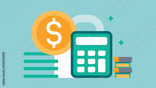 A green calculator sits on top of a stack of dollar bills. Concept of managing money and keeping track of expenses