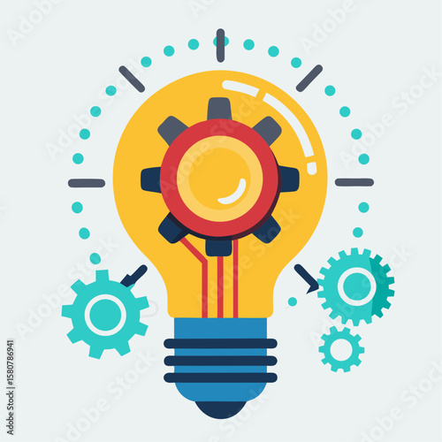 A light bulb with gears surrounding it. The light bulb is a symbol of innovation and creativity. The gears represent the process of turning ideas into reality. Concept of progress and forward movement