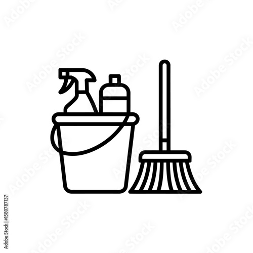 Cleaning supplies including a bucket spray bottle and broom icon