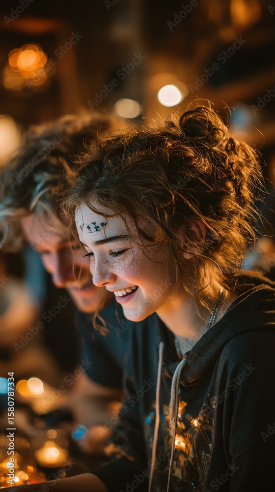 Fototapeta premium A joyful moment shared between two friends, illuminated by warm candlelight in a cozy setting. Their smiles and playful interactions create a sense of connection and happiness.