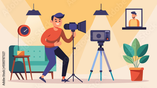 A man is standing in front of a camera with a tripod. He is holding a cell phone in his hand. The scene is set in a studio with a desk and a chair. The man is a photographer or a videographer