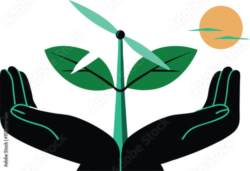 Hands are gently cradling or presenting small, green plants, symbolizing growth and care
