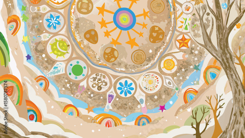 A whimsical illustration featuring circular patterns, stars, rainbows, and stylized trees in soft colors