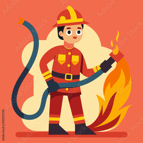 A firefighter is spraying water on a fire. The scene is dramatic and intense, with the firefighter in the foreground and the fire in the background. Concept of urgency and danger