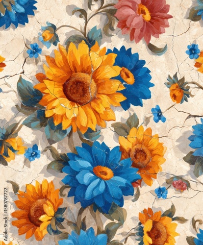 Baroque Sunflower Floral Tile on Cream Stone with Time-stained Edges
