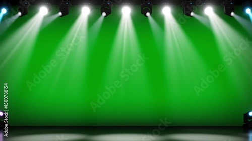 Dynamic green screen stage with spotlights, perfect for virtual production and events