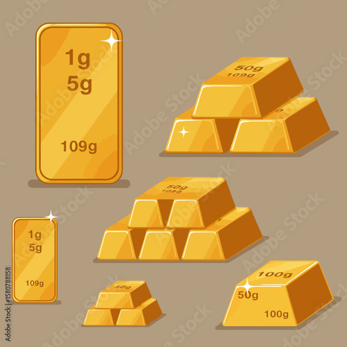 A collection of shiny gold bars and ingots in various sizes and stacks, depicted as a clean, isolated vector illustration on a neutral background.