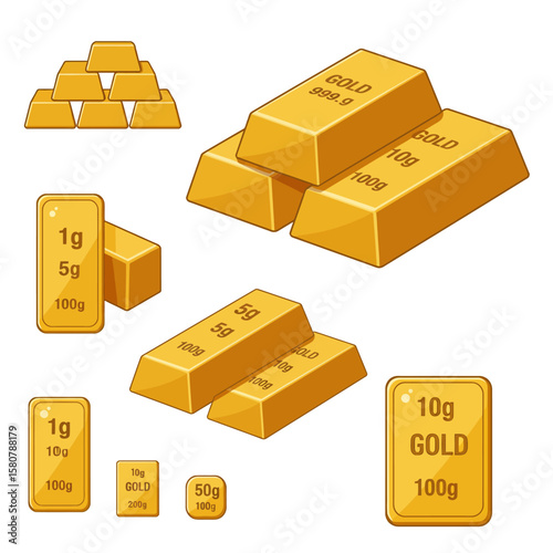 A collection of shiny gold bars and ingots of various sizes, symbolizing wealth, investment, and precious metal.
