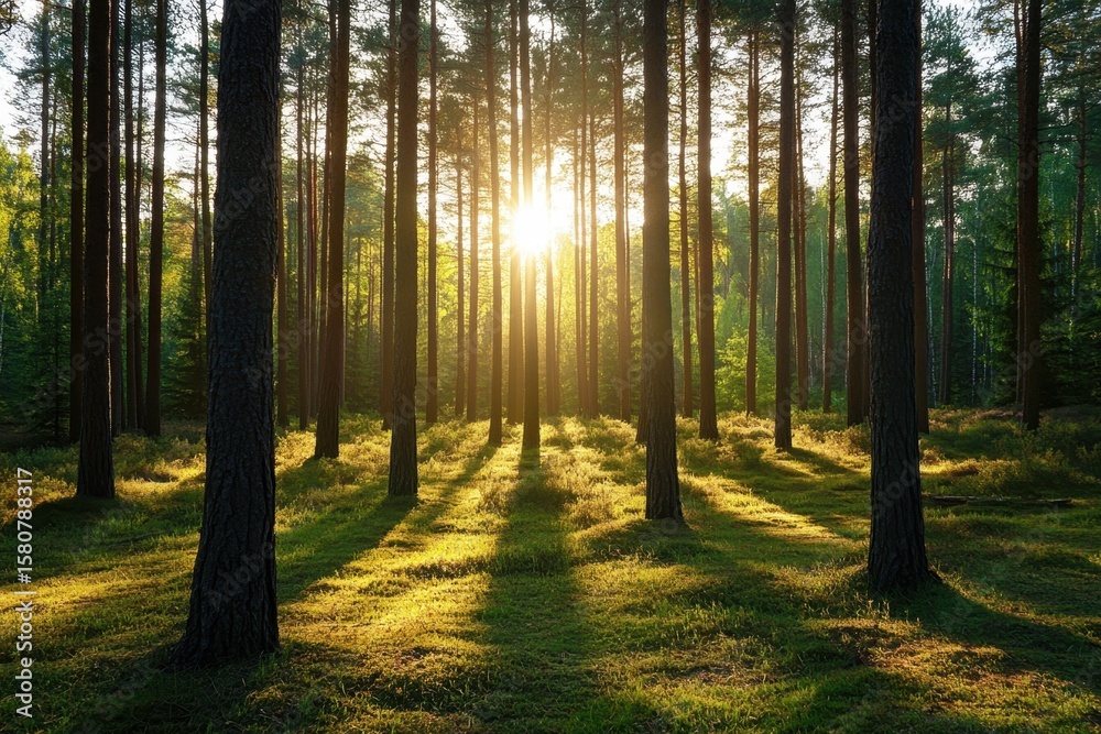 Fototapeta premium Sunlight filtering through a dense pine forest nature scene outdoor photography tranquil environment eye-level view gigapixel standard