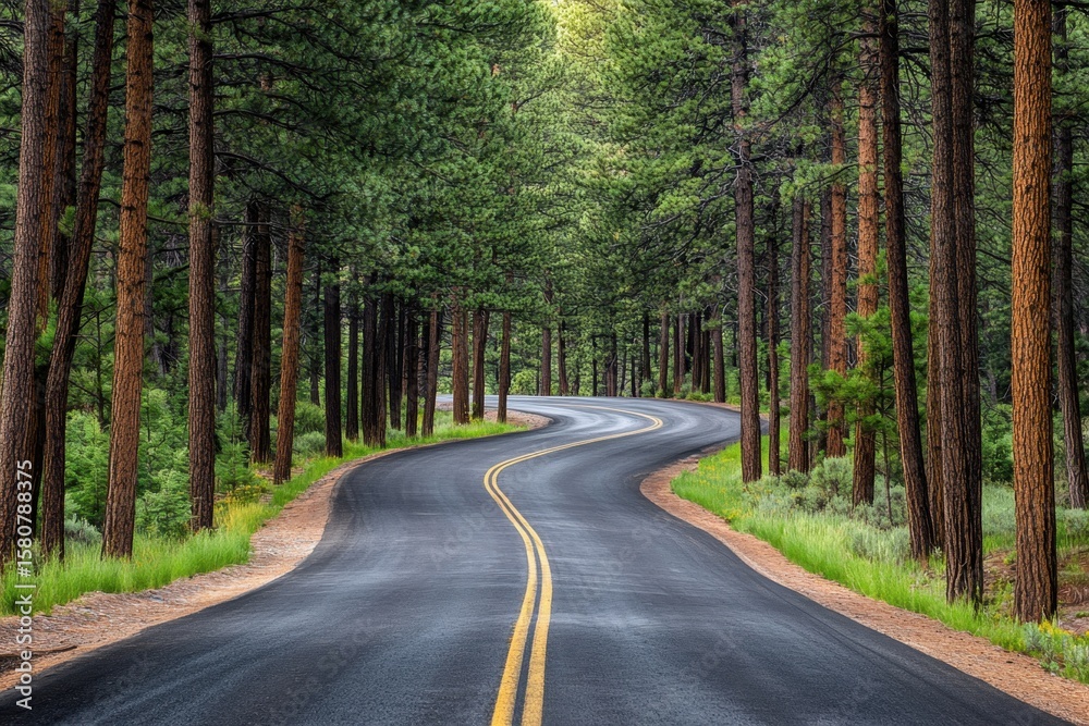 Fototapeta premium Scenic drive through pine forest serene nature journey gigapixel quality captivating landscape tranquil environment aesthetic view