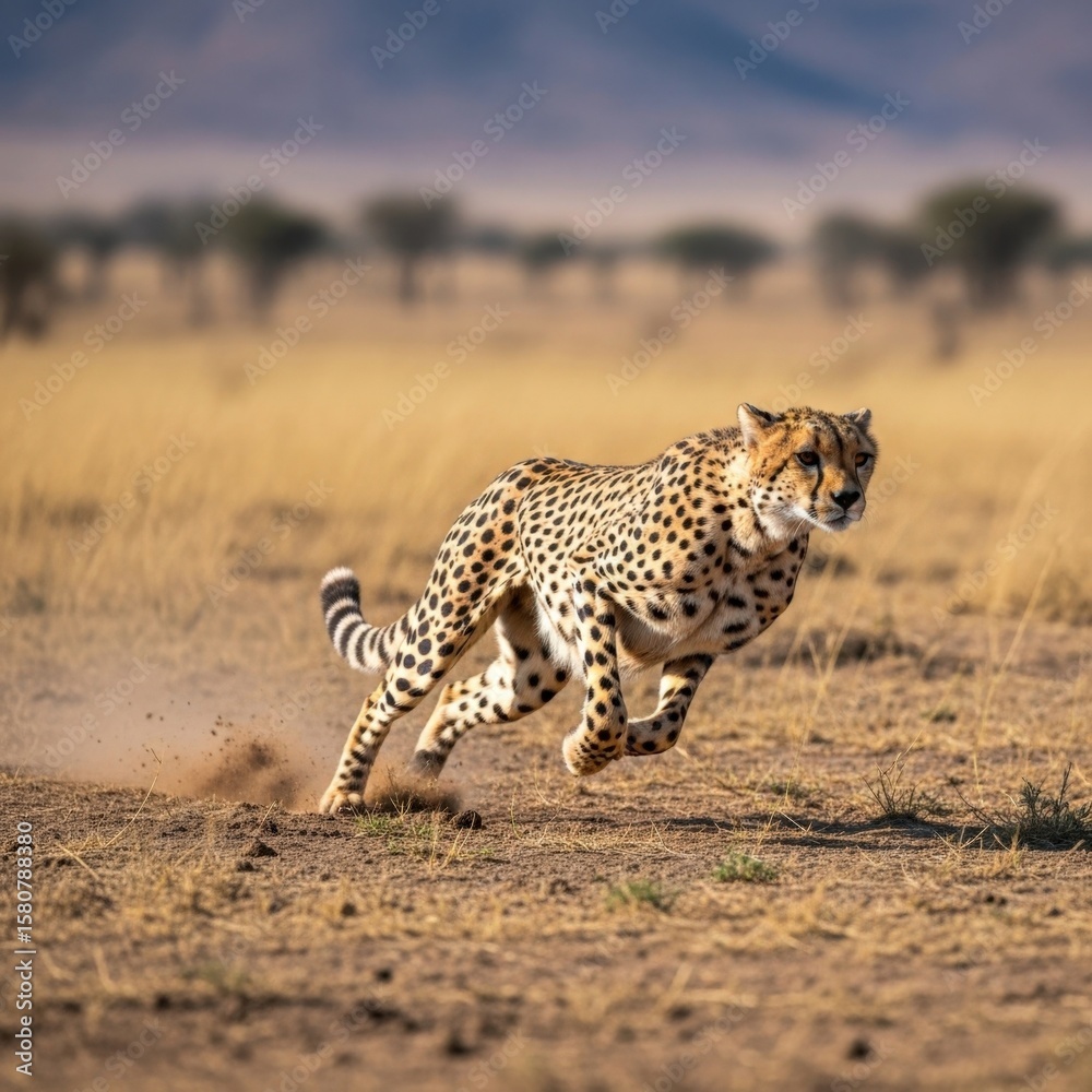 Obraz premium Cheetah Running in African Savanna Golden Grassland Wildlife Animal Portrait