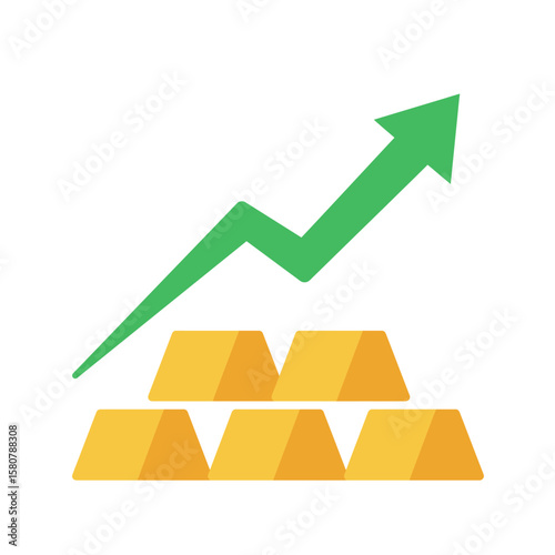 Golden bars stacked with a rising green arrow graph indicating financial growth and profit increase in a simple flat design.