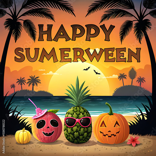 Happy summerween tropical beach party with fruit characters and sunset