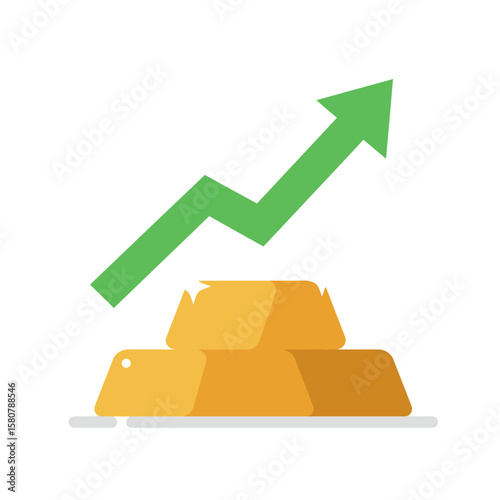 Green arrow pointing upwards on top of a stack of golden bars symbolizes growth, success, and financial increase, ideal for business and finance concepts.