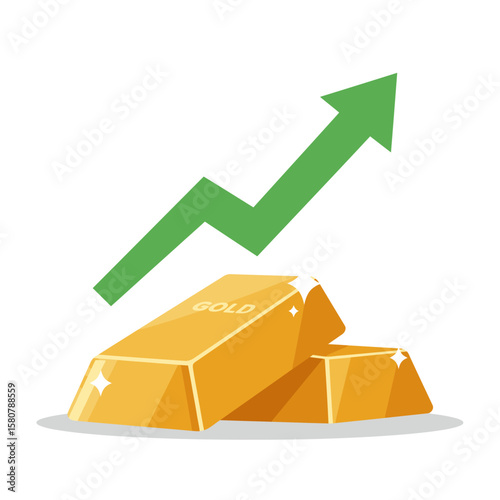 A vibrant illustration depicts gold bars with a rising green arrow, symbolizing financial growth and investment success on a clean white background.