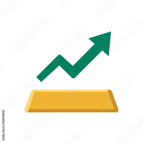 A vibrant green arrow charts an impressive upward trajectory above a gleaming gold bar, symbolizing financial growth and prosperity.