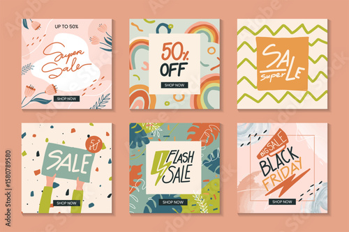 Vibrant Abstract Sale Announcement Social Media Posts with Hand-Drawn Elements and Colorful Patterns	