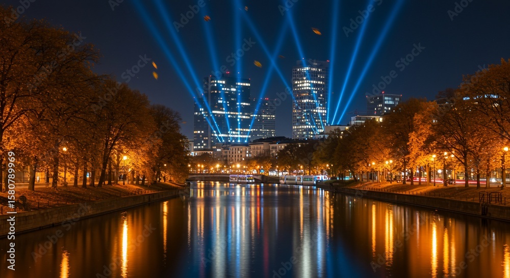 Fototapeta premium City skyline reflected in illuminated river