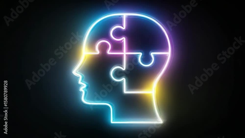 Wallpaper Mural Neon Innovation Head Icon Glowing Light Bulb with Puzzle Pieces on Dark Background Creative Idea Concept, Video Torontodigital.ca