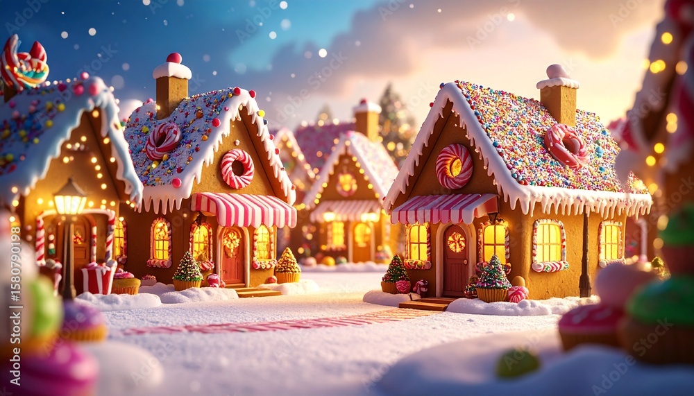 Fototapeta premium Adorable donut houses with sprinkle roofs, cupcake shops, candy cane streetlights, rainbow sherbet pathways, cheerful food town 