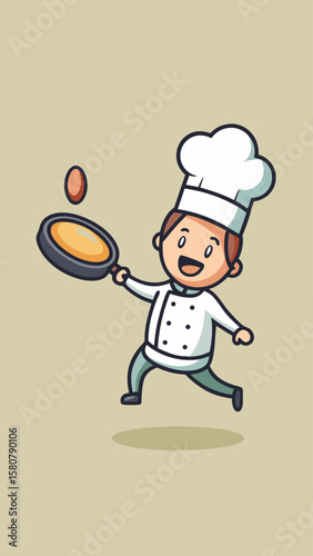 A cartoon chef is running with a pan in his hand. He is smiling and he is in a hurry