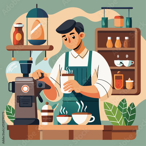 A man is making coffee in a cafe. He is wearing a blue apron and has a beard. There are several cups and bottles on the counter