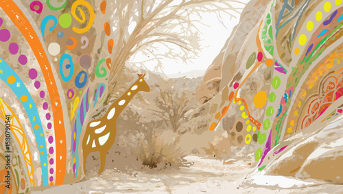 Giraffe silhouette in a desert landscape with colorful abstract patterns on the rock formations around it