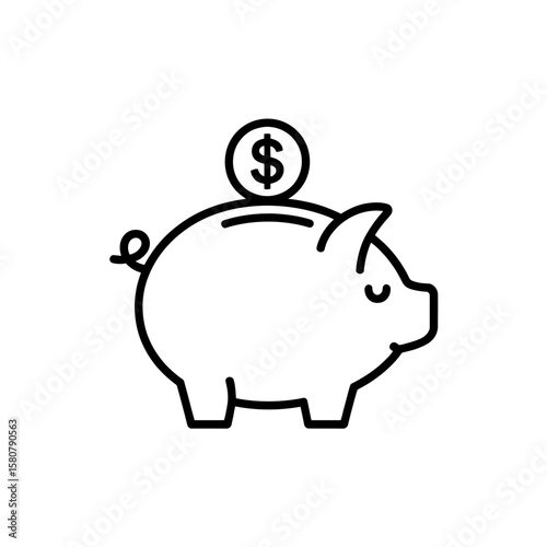 Simple black outline icon of a piggy bank with a dollar coin being inserted