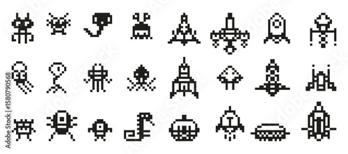 Fototapeta Naklejka Na Ścianę i Meble -  Pixel space invaders. Arcade game 8 bit characters and spaceships, black pixels graphic. Isolated aliens or monsters, galaxy retro play neoteric vector set