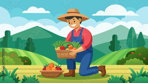 A man in a straw hat is holding a basket of vegetables. He is kneeling down in a field