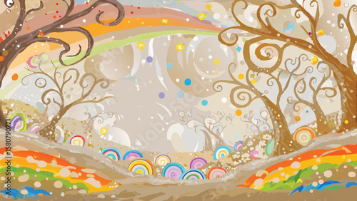A whimsical landscape with trees, rainbow, and colorful polka dots creating a dreamy atmosphere scene