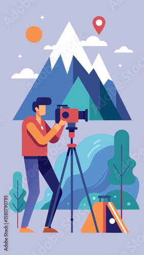 A man is taking a picture of a mountain with a camera. The camera is on a tripod and the man is holding a cell phone. The image has a peaceful and serene mood